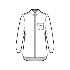 Classic shirt technical fashion illustration with angled pocket, long sleeves, relax fit, front button-fastening, regular collar. Flat template front, white, color. Women men unisex top CAD