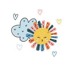 Cute nursery hand drawn illustration with cloud, sun and heart shaped elements around isolated on white background. Scandinavian style vector illustration.