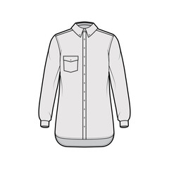 Classic shirt technical fashion illustration with angled pocket, long sleeves, relax fit, front button-fastening, regular collar. Flat template front, grey color. Women men unisex top CAD