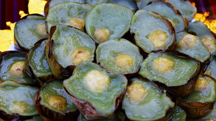 Sticky Rice Cake or Rice cake. Thai Chinese style dessert with sweet and delicious soy filling. Close focus and select an object