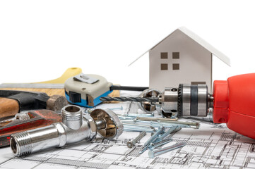 Collection of construction tools on a white background. Repair maintenance concept.