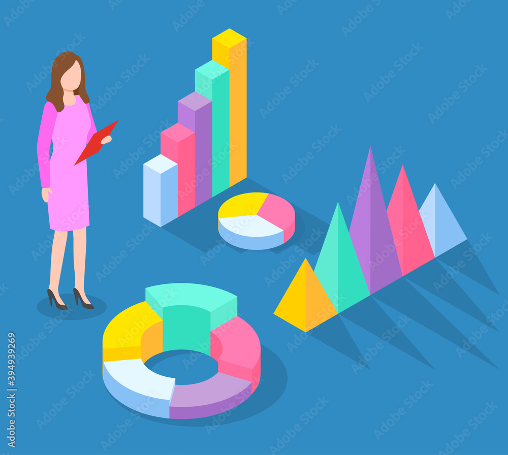 Aufkleber woman standing near diagram consisting of vertical color rectangular bar, pie chart. step growing py