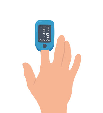 Pulse Oximeter on finger. Digital device to measure oxygen saturation. Isolated vector illustration on white background