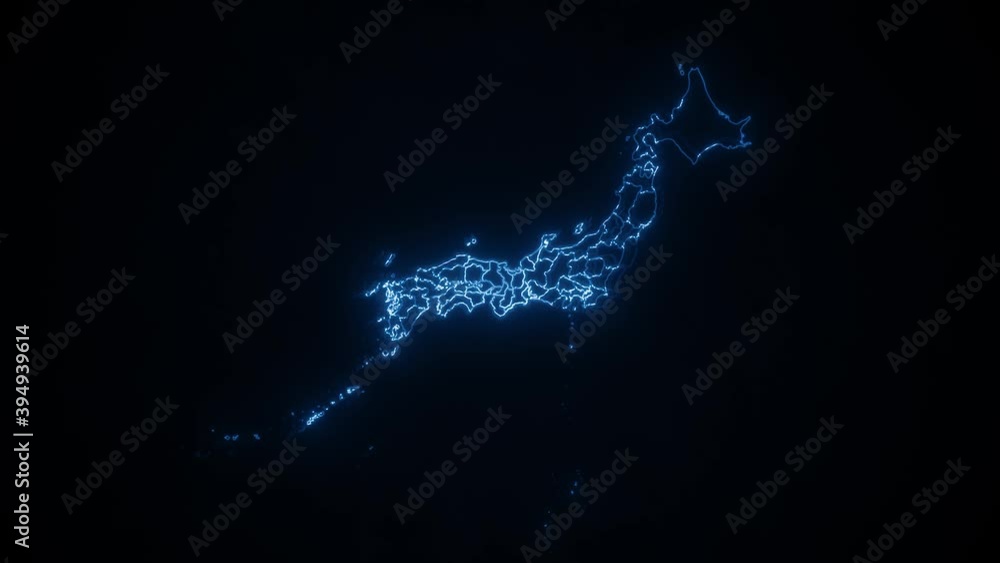Wall mural japan map cyber technology showing up intro by regions/ 4k animated cyber technology japan map intro