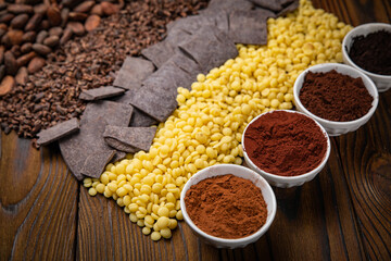 All kinds of cocoa. Beans, grated, pressed and cocoa butter on a wooden table

