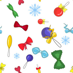 Fototapeta na wymiar Seamless Christmas patterns on a white background - Christmas balls, bows and snowflakes, can be used for packaging, poster or postcard. Stock vector illustration in cartoon style.