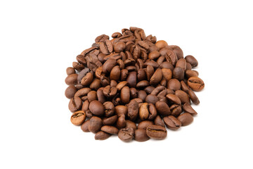 Coffee beans lie in a heap isolated on a white background.