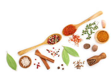 mix of spices in wooden spoon isolated on a white background. Top view with copy space for your text. Flat lay. Set or collection