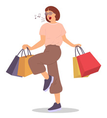 Woman with shopping bags is smiling. Young beautiful fashion shopper girl is singing songs. Sale advertising concept. Female character with packages in her hands is standing on white background