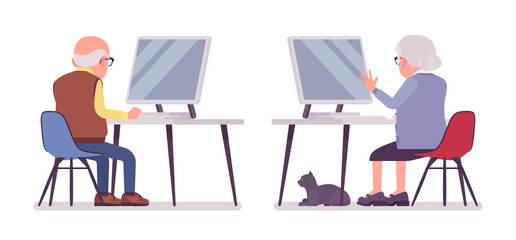 Old people with computer, elderly man, woman pc working. Senior citizens, retired grandparents, old-age pensioners with disabilities. Vector flat style cartoon illustration isolated, white background