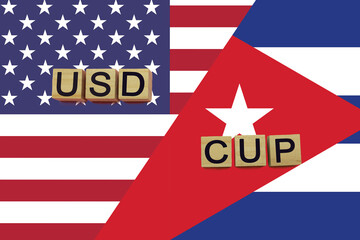 American and Сuban currencies codes on national flags background