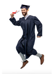 education, graduation and people concept - happy smiling male graduate student in bachelor gown...