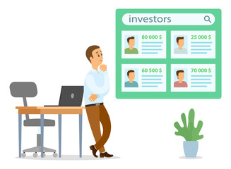 Thoughtful businessman lean on table searching investors for project or startup. Man wearing costume choosing candidate from list who has more money. Information board with investors personal cards