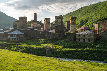 Svaneti watch tower in Ushguli village in summer season in a morning, Caucasus mountain range in Georgia