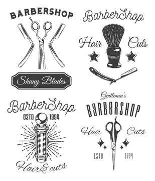 Barbershop set of stickers, labels, logo, stamp, templates, advertisement, print for typography shiny blades, hair cuts, barber pole, instruments of barber, vintage barbershop lettering collection