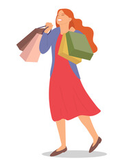 Woman with shopping bags is smiling happily. Young beautiful happy girl picks up multi-colored packages. Sale advertising concept. Female character with packages in her hands on white background