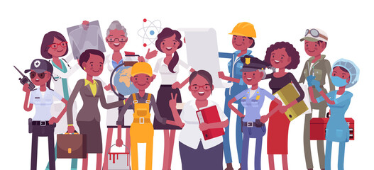 Black female professional workers of different occupations and jobs. Group of people in management, office, banking, medicine, science career. Vector flat style cartoon illustration, white background