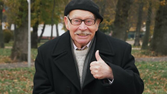 A cheerful funny elderly senior american man is doing a thumb-up gesture in park