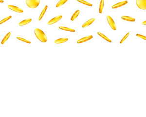 Fototapeta premium Golden coins tumbling down against on a white isolated background. Business design for advertising materials, to illustrate prizes and income. Vector illustration.