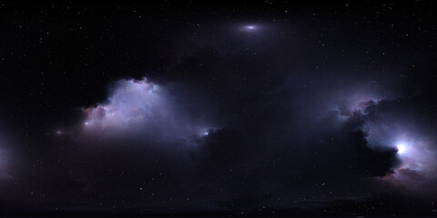 Fototapeta na wymiar 360 degree equirectangular projection space background with nebula and stars, environment map. HDRI spherical panorama