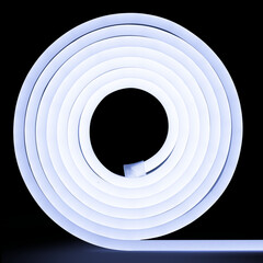 Cold white glowing LED neon flex strip on black dark background