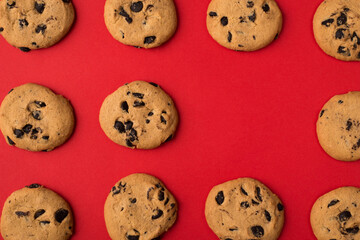 Close up photo of yummy fresh handmade cookies with chocolate chips lying in rows with an empty place for one isolated bright color background