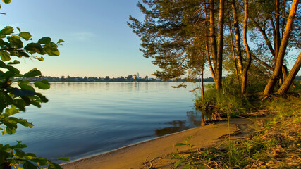 The Bank of the Volga, with coastal pines, illuminated by the morning sun, calm surface of the water.