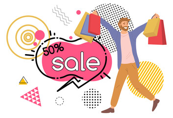 Fifty percent discount announcement in the store. Man with shopping bags in his hands is smiling happily. Young handsome fashion shopper guy picks up multi-colored packages. Sale advertising concept