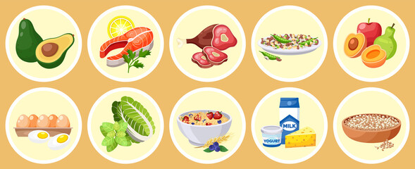 Food collection isolated in circles, healthy meal with vitamins and nutrition, diet food, avocado, salmon, red meat, legumes and beans, fruits, eggs, chinese cabbage, oatmeal, dairy products, quinoa