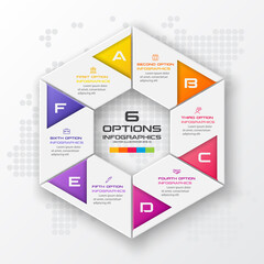 Hexagon infographics template with 6 options in white color background