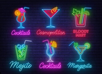 Cocktail Margarita, Blue Hawaiian,Mojito,Bloody Mary, Cosmopolitan and Tequila sunrise neon sign on brick wall background . - obrazy, fototapety, plakaty