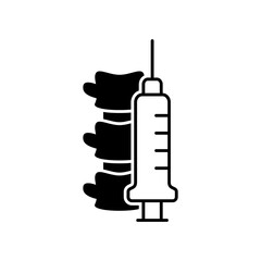Epidural or Spinal anesthesia. Outline icon of spine and syringe. Black simple illustration of medical injection into nerve. Cutout silhouette isolated vector pictogram on white background - obrazy, fototapety, plakaty