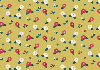 赤と白の椿のイラスト　かわいいパターン背景装飾　黄土色　和風
