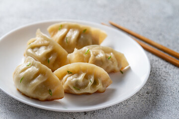 Asian gedza dumplings on white plate, gray table