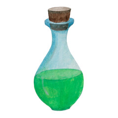 Watercolor drawing of green potion in a bottle isolated on white background. Subject for codification. Witch.