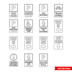 Parking information sign icon set of outline types. Isolated vector sign symbols. Icon pack.