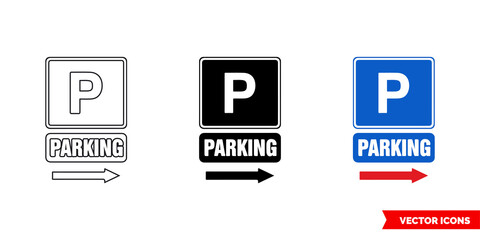 Parking self adhesive arrow information sign icon of 3 types color, black and white, outline. Isolated vector sign symbol.