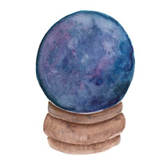 Drawing of watercolor ball for divination isolated on white background. The subject of a witch.