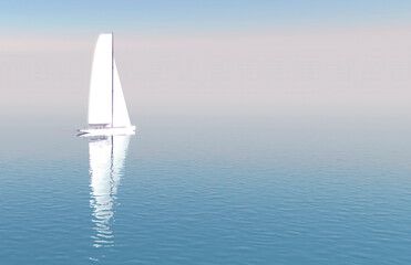 White Sailboat at Sea with Reflection. Soft Tone 3D Illustration with Copy-Space.