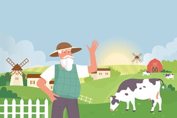 Farmer in farmland village landscape vector illustration. Cartoon elderly villager man character standing next to windmill, house or barn and countryside agriculture green field with cows background