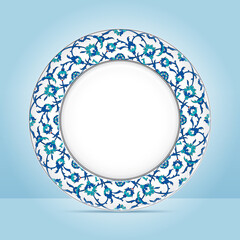 Flower decorative plate with patterned border. The porcelain dish seen from the top on a blue background. Ottoman culture design vector illustration.