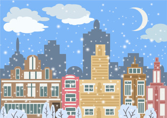 Obraz premium Winter landscape. Card. Evening. Drawn houses in pastel colors, trees in the snow, stars in the sky, a moon and clouds, it is snowing. Stock vector illustration.