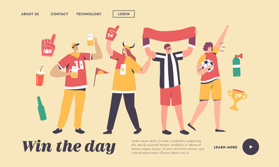 Friends Having Fun on Sport World Championship Landing Page Template. Young Football Supporter Fans Characters Cheering