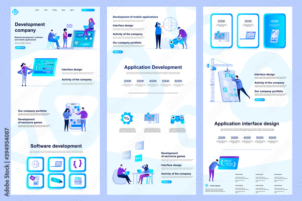 Aufkleber development company flat landing page. software engineering, application development corporate websi