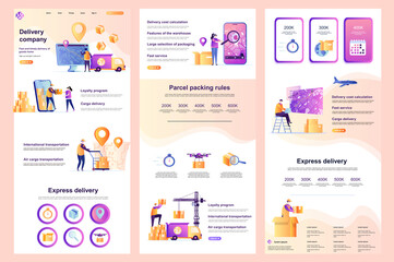 Fototapeta na wymiar Delivery company flat landing page. Warehousing, logistics and distribution corporate website design. Web template with header, middle content and footer. Vector illustration with people characters.