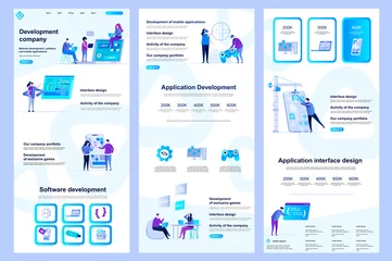 Fotobehang Development company flat landing page. Software engineering, application development corporate website design. Web banner template with header, middle content, footer. Vector illustration with people. © alexdndz