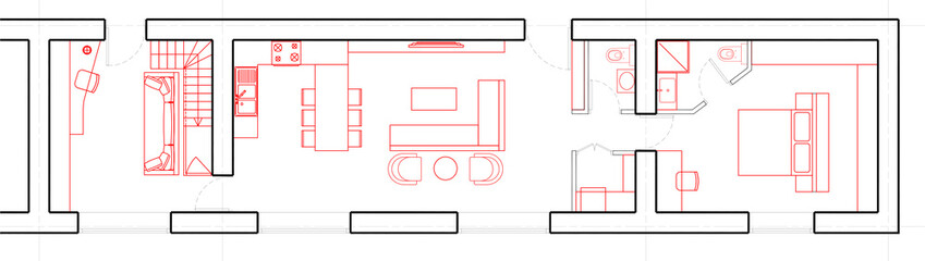 Architectural plan of a stone walled building with two bedrooms. Red colored furniture drawings in white background.