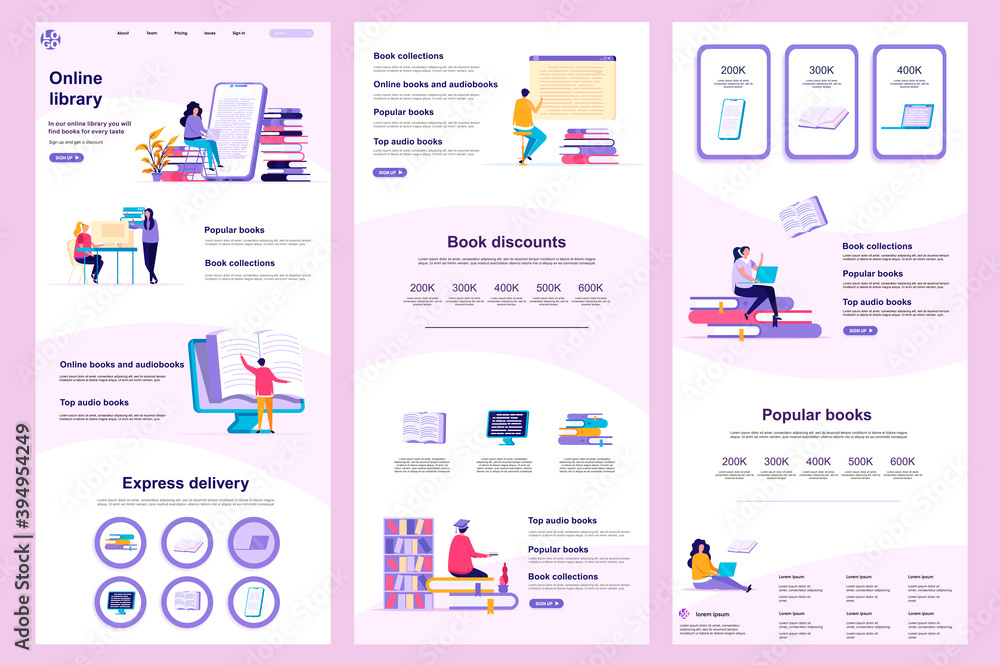 Poster online library flat landing page. e-book reading service, online study corporate website design. web