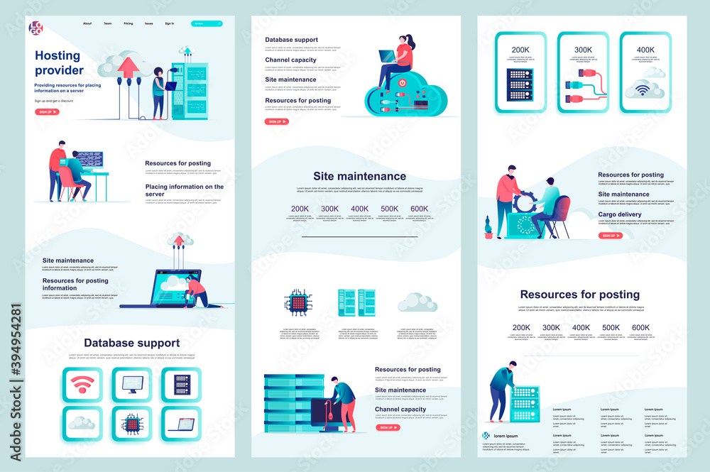 Aufkleber Hosting provider flat landing page. Database support, cloud data center corporate website design. Web banner template with header, middle content, footer. Vector illustration with people characters.
