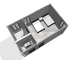 3D architectural plan perspective of a small suite with two twin beds and two bathrooms with large double windows.